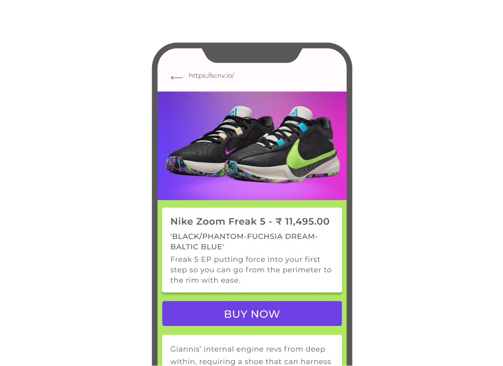 Mobile screen displaying Nike shoes with 'Buy Now' option; scan product type of QR code for engaging shopping experience.