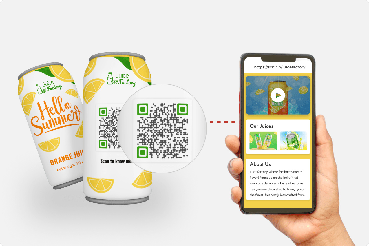 Visual depicting a customer scanning a QR Code on the product packaging and going through product details.