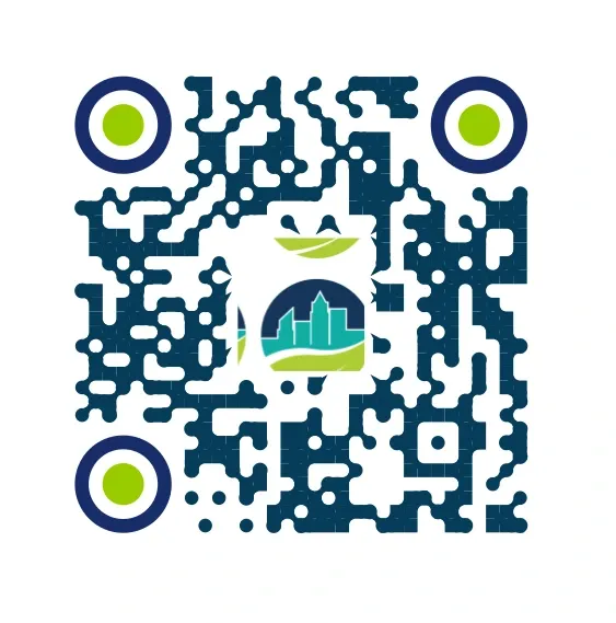 Personalised QR code in blue color with company logo in center and circular QR eyes, highlighting the editable features.