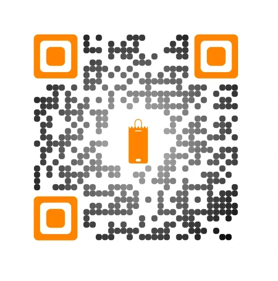 Black and orange custom QR code with shopping bag icon in center, showcasing its use for retail in product promotions.