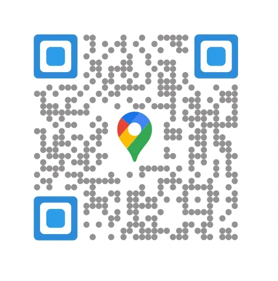 Custom QR code with Google Maps logo in center and blue QR eyes, demonstrating branding customization options.