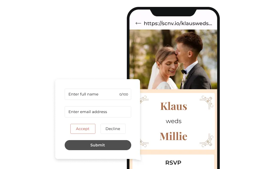 Scanova's Wedding QR Code landing page with RSVP option. 