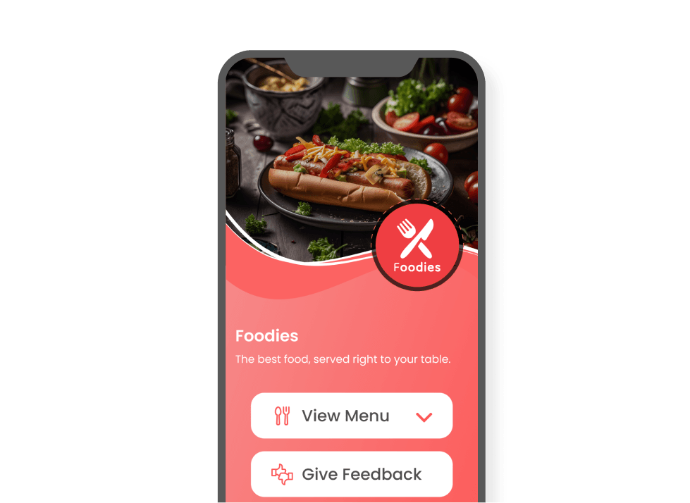 Smartphone showing Foodies landing page with menu, feedback form, social links; scan QR code for personalized QR code content