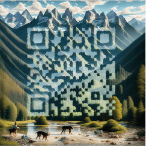 Personalised QR code with a scenic mountain and river background, showcasing AI-generated designs based on user prompts.