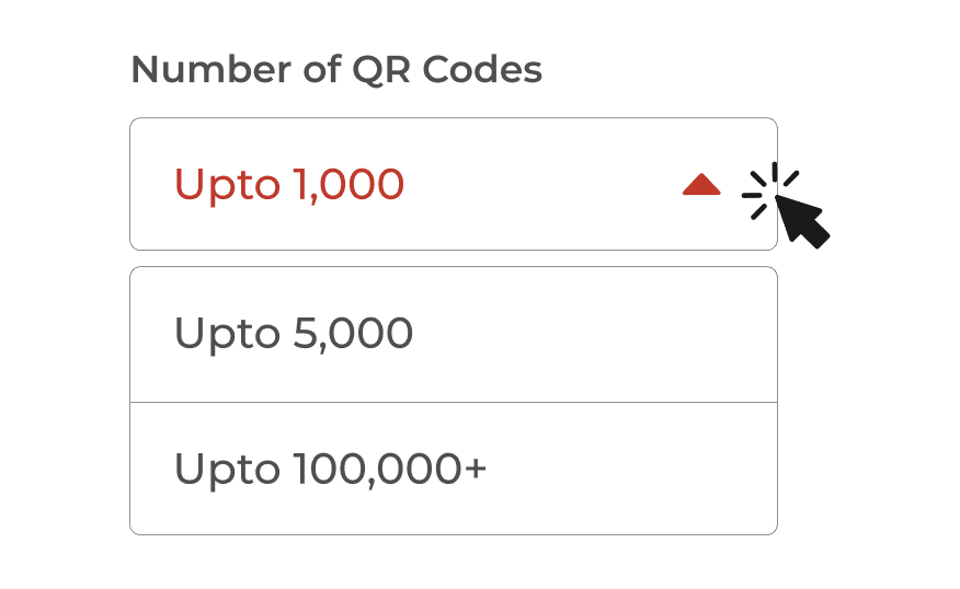 Tiered options to select the number of QR from Upto 1000 to Upto 100,000+ with Scanova's enterprise QR code generator.