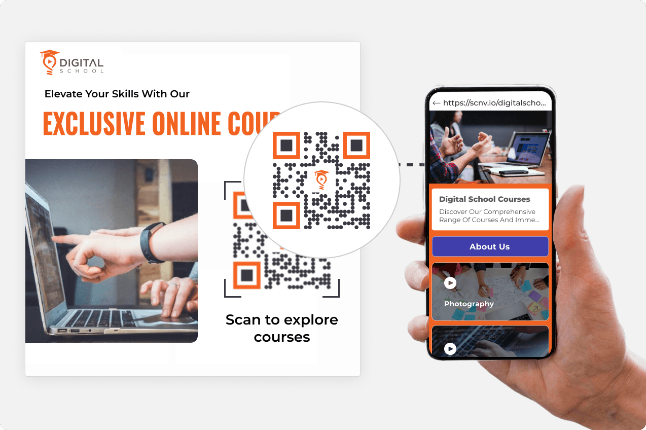 Person scanning Scanova's Custom Page QR Code to explore online courses.