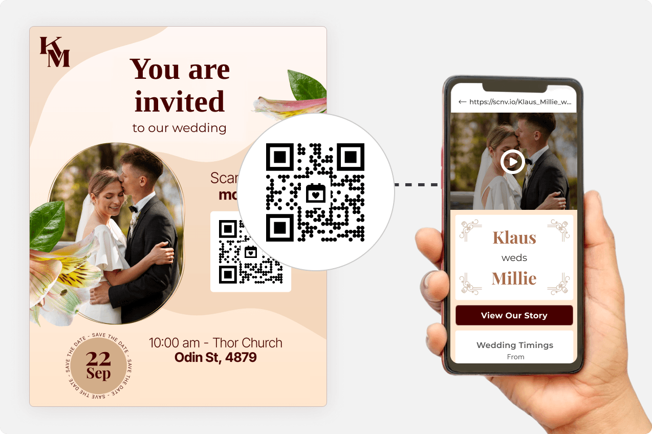 Guest scanning QR Code on wedding invitation.