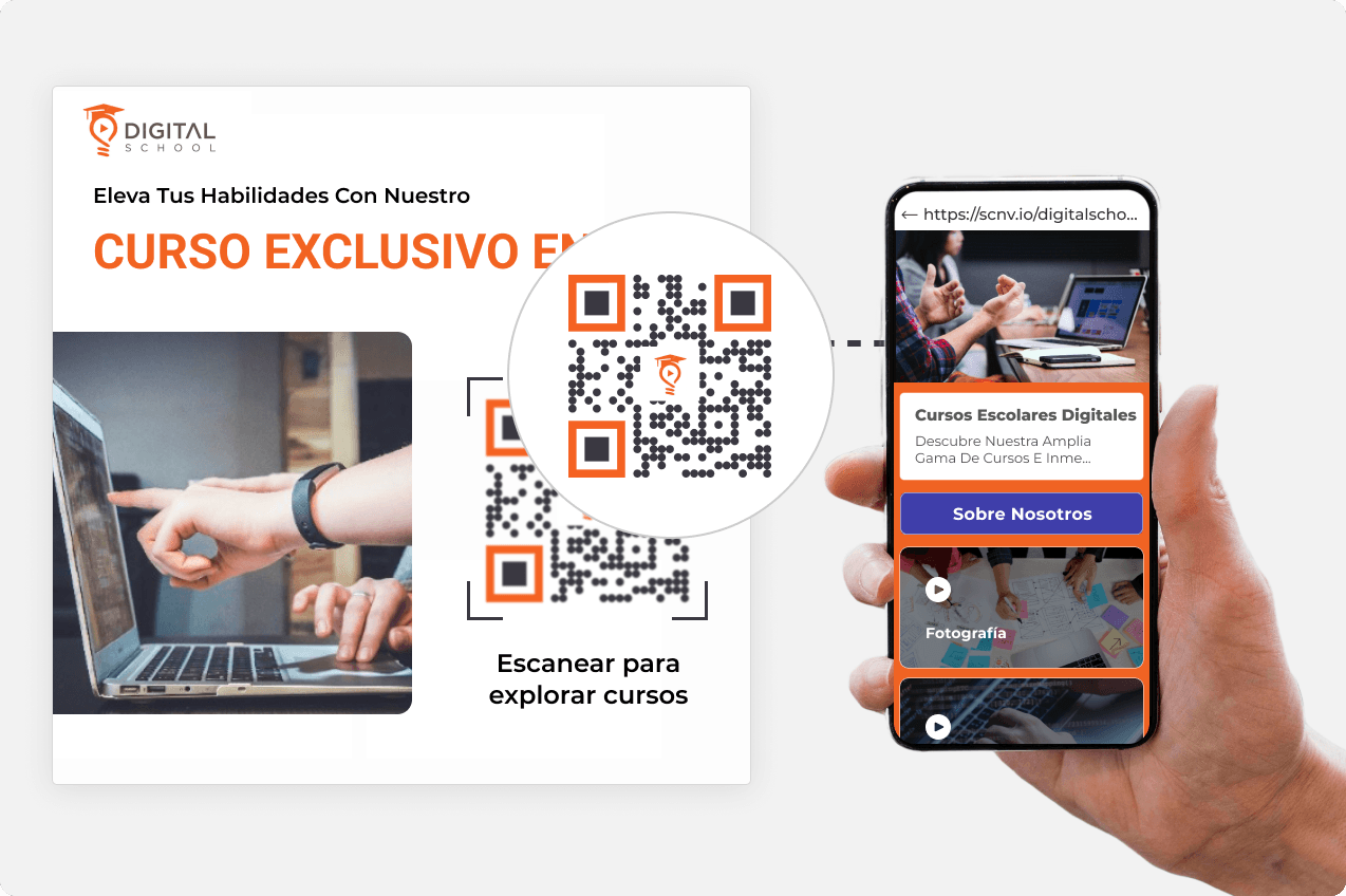 Persona escaneando el código QR de la página personalizada de Scanova para explorar cursos en línea.