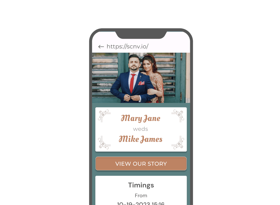 Mobile displaying wedding invitation details with QR Code content to add event to calendar and RSVP for easy location access.