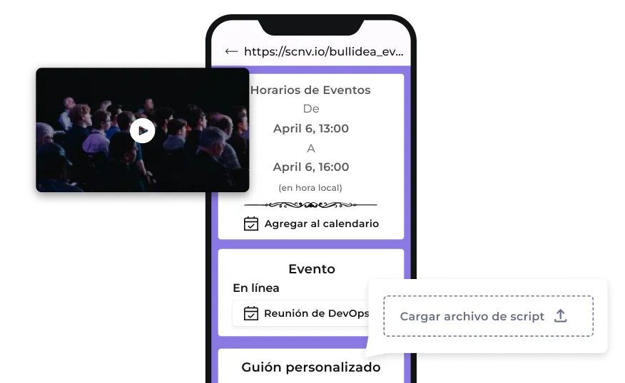 Página de inicio del código QR del evento con video, guión personalizado, opción de agregar al calendario, ubicación del lugar, etc.