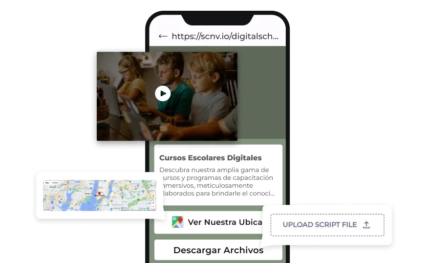 Script personalizado, ubicación en mapa y función de video de códigos QR de texto enriquecido.