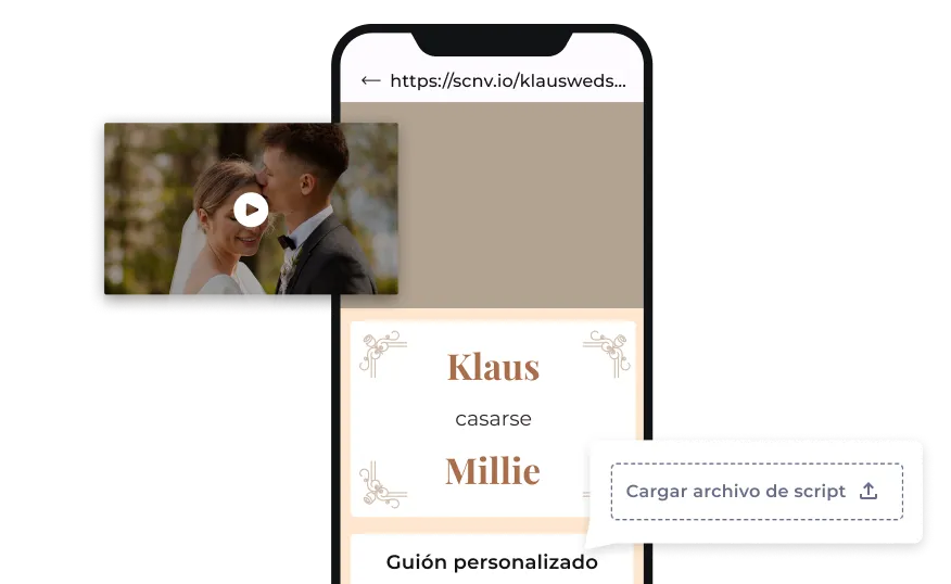 Página de inicio del código QR de boda de Scanova con componentes avanzados como secuencias de comandos personalizadas y videos