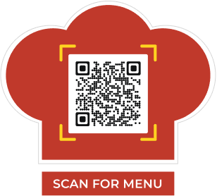 Example of a QR code with a red chef hat-shaped ‘SCAN ME’ QR code frame and yellow corner accents, generated with Scanova.