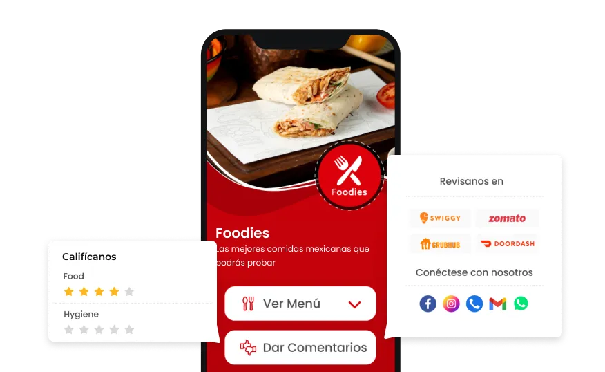 Página de inicio del código QR del restaurante de Scanova con secciones de calificación y comentarios.