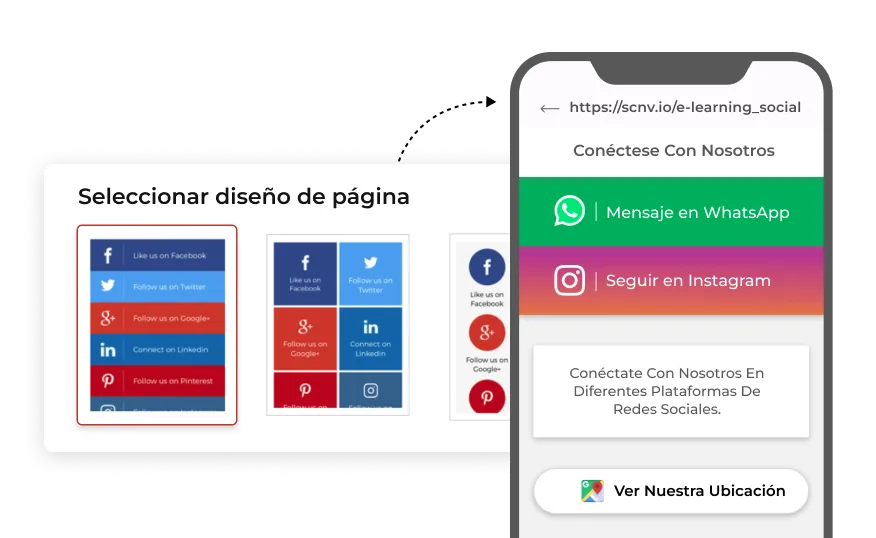 Imagen que muestra diferentes diseños de página para los códigos QR de redes sociales de Scanova.