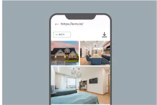 Screen showing photo gallery of home interiors, accessible with an Image QR Code for viewing or downloading photos via scan.