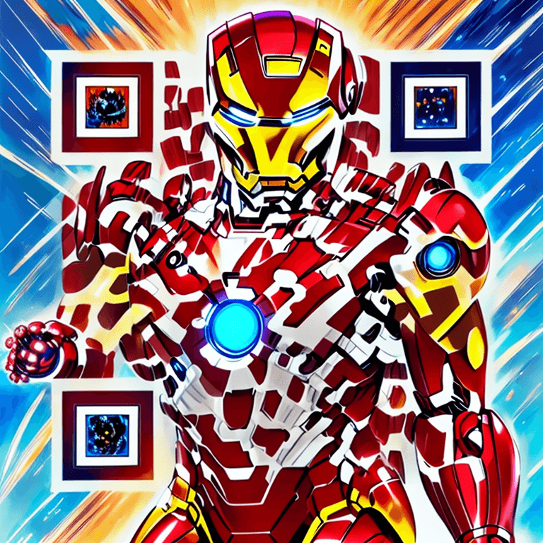 Example of an AI-generated QR code featuring two Iron Man figures with comic-inspired detailing & futuristic design elements.