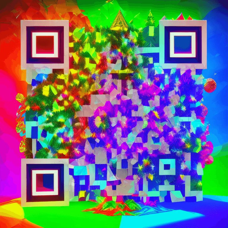 Example of an AI QR code with a surreal Christmas tree, vibrant neon colors, and 80s retro aesthetics generated with Scanova.