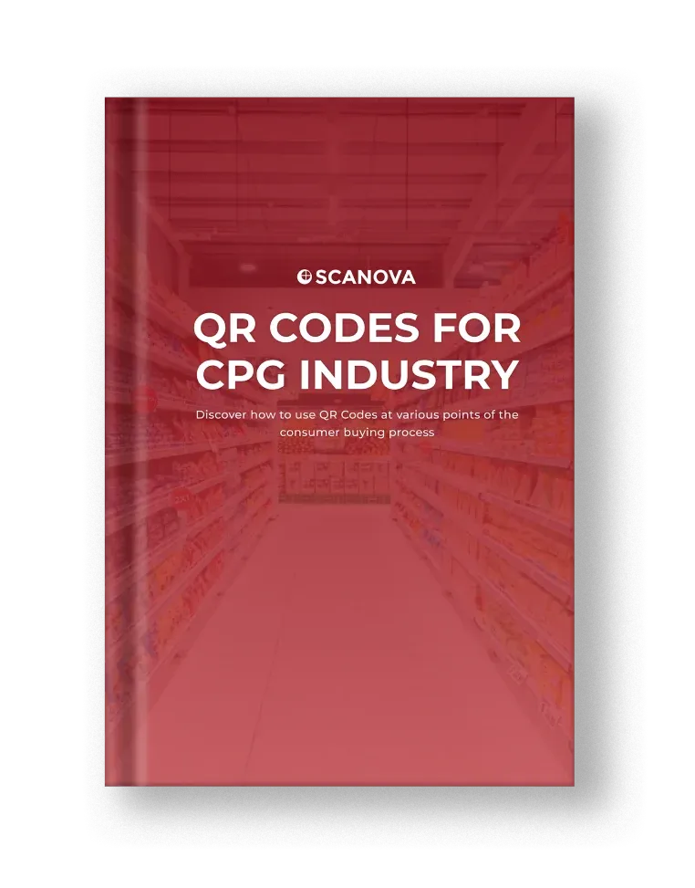 Red E-Book Cover intitulé «QR Code for CpG Industry» avec le symbole de Scanova pour apprendre l'engagement des consommateurs et augmenter les ventes.