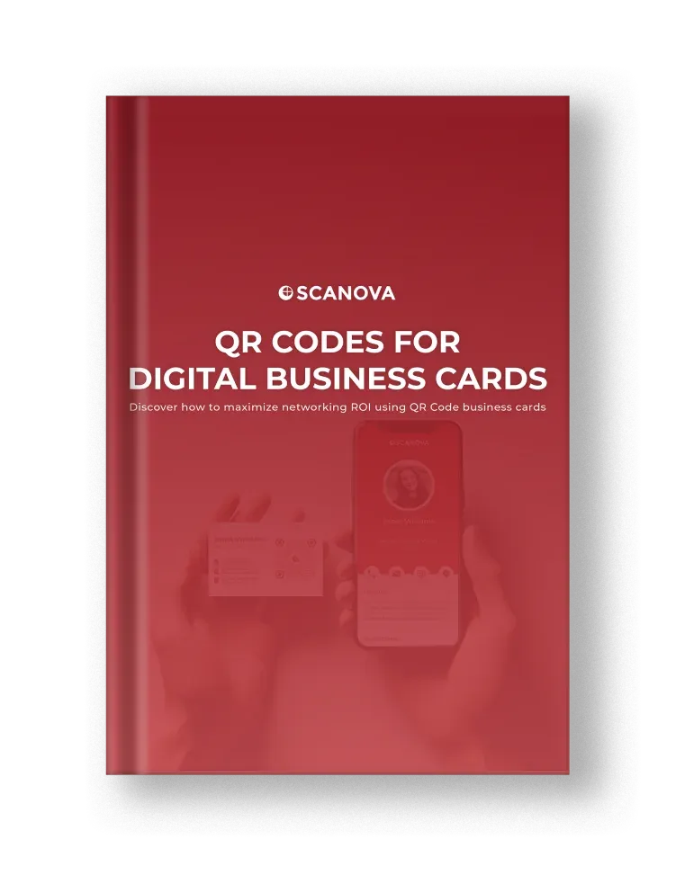 Red E-Book Cover intitulé «QR Codes for Digital Business Cards» avec le logo de Scanova, offrant des conseils pour améliorer votre réseautage.