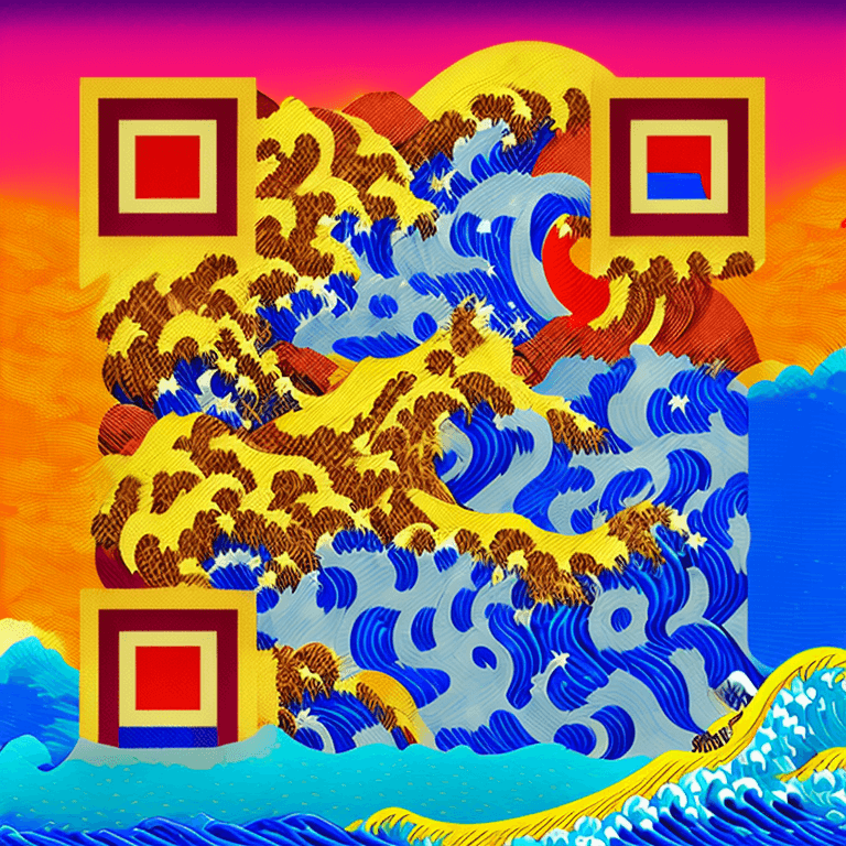 Example of an AI QR code with a modern take on Hokusai's 'The Great Wave,' featuring neon colors for striking effect.