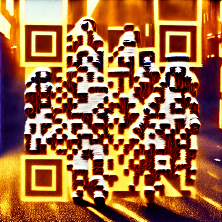 An AI-based QR with an astronaut in a space suit walking on busy streets, golden light illuminating the scene.