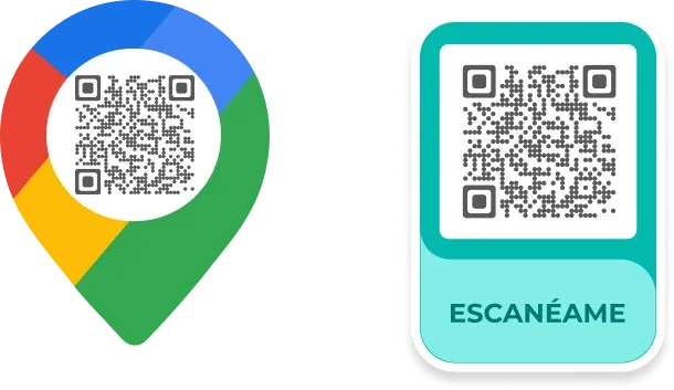 Examples of QR codes with frames to grab attention: one with a colorful map pin and the other with a blue 'Scan me' frame.
