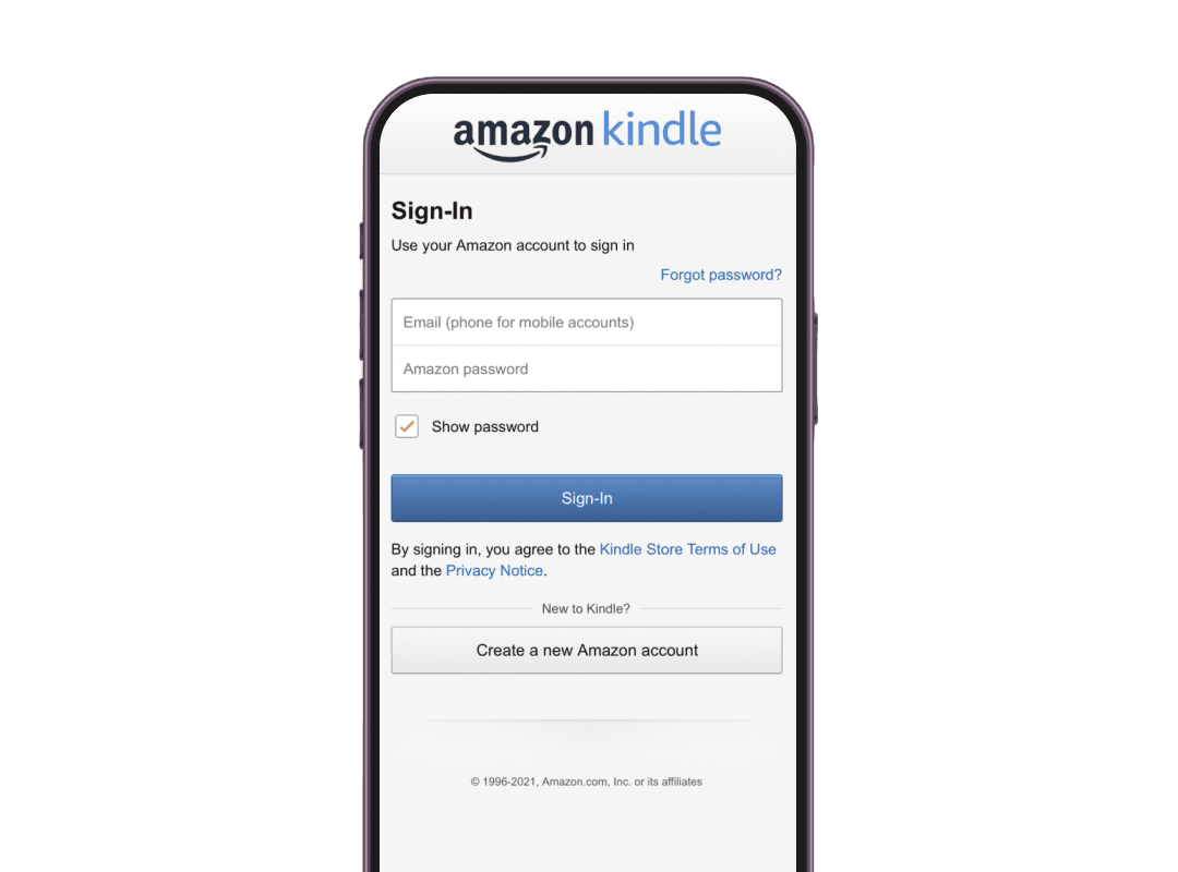 Una pantalla móvil que muestra la página de inicio de sesión de Kindle utilizando un enlace profundo de la aplicación Tipo de QR para una fácil navegación.