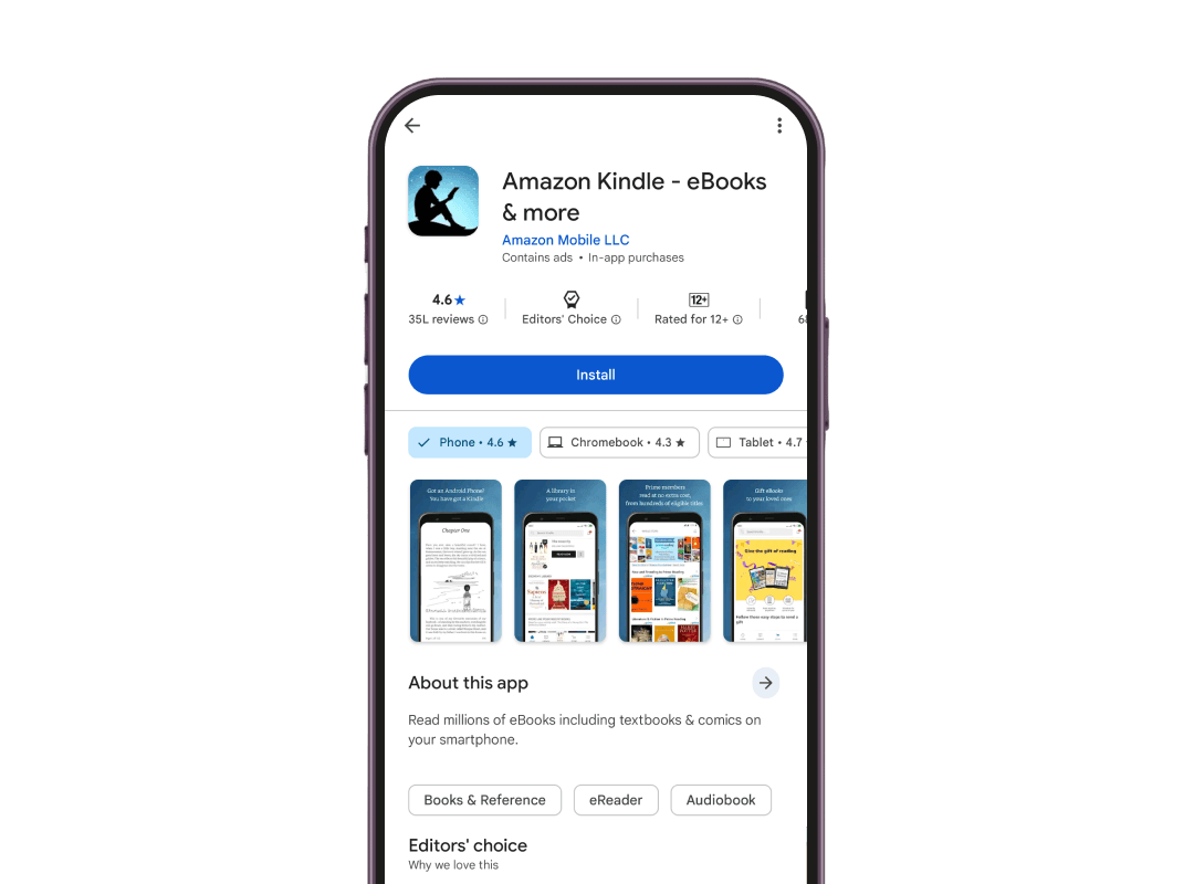 Pantalla de teléfono inteligente que muestra Amazon Kindle en App Store como escaneo de la aplicación de aplicación del código QR para el enlace versátil.
