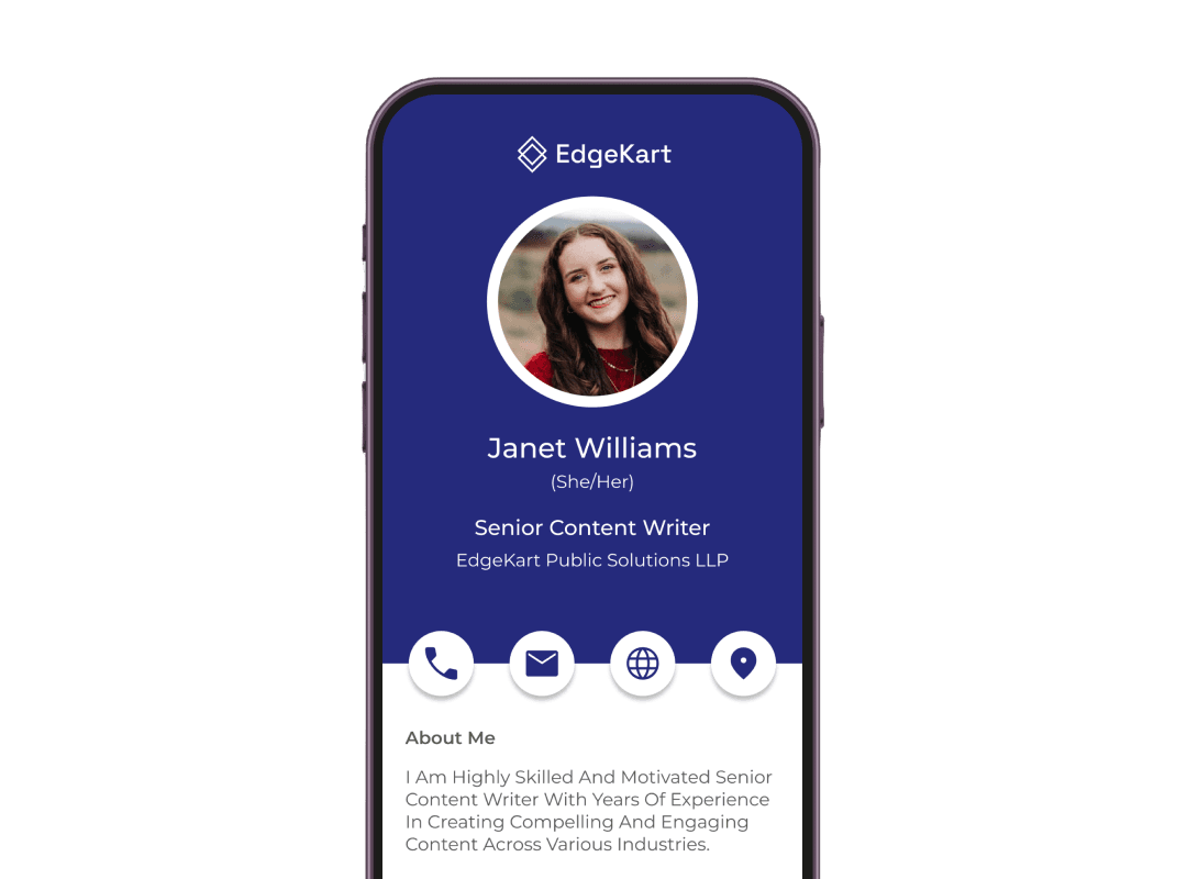 Página de destino del código Mobile QR que muestra la tarjeta de presentación de una dama con un fondo azul para obtener información detallada de contacto.