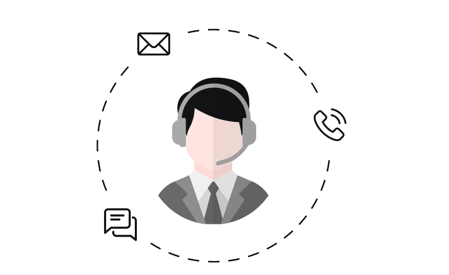 A relationship manager surrounded by icons of mail, call, and chat, symbolizing personalized support options at Scanova.