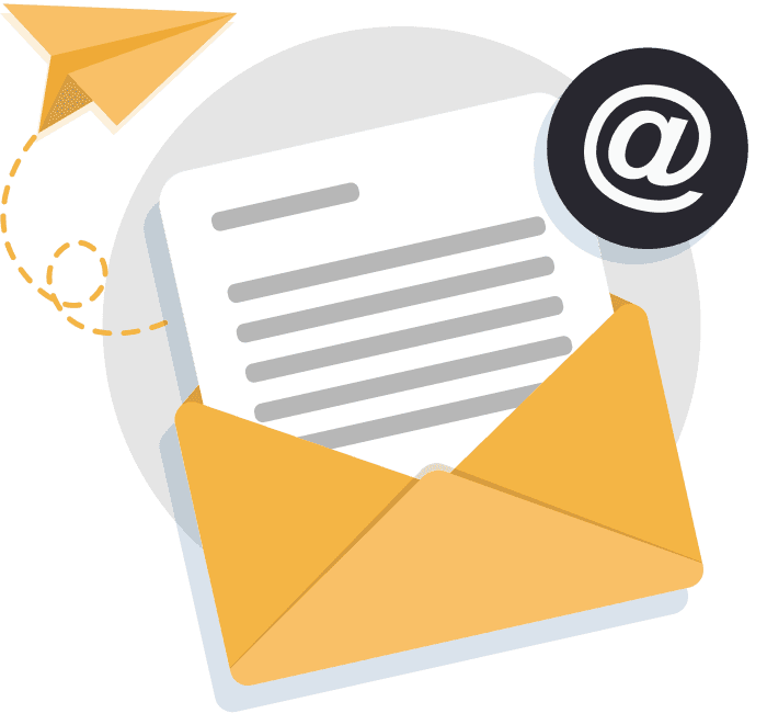 Mail icon with @ symbol and a flying paper airplane, inviting people to email us with any questions or doubts.