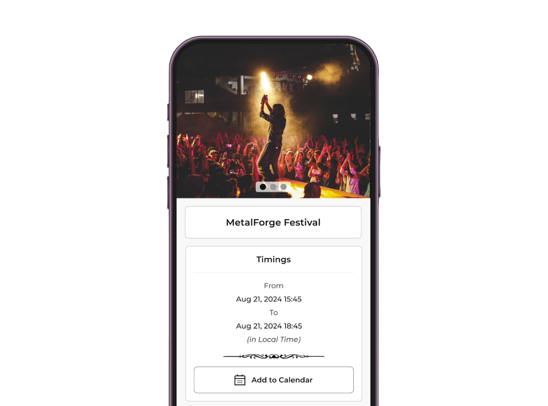 Página de destino móvil QR para el concierto de Coldplay con el código QR Event; Escanee para obtener más detalles como fecha, opciones de confireración y más.