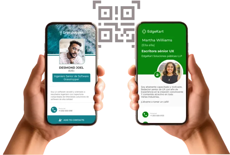 Two screens show different digital business cards from scanning a QR code, simplifying contact saving and networking.