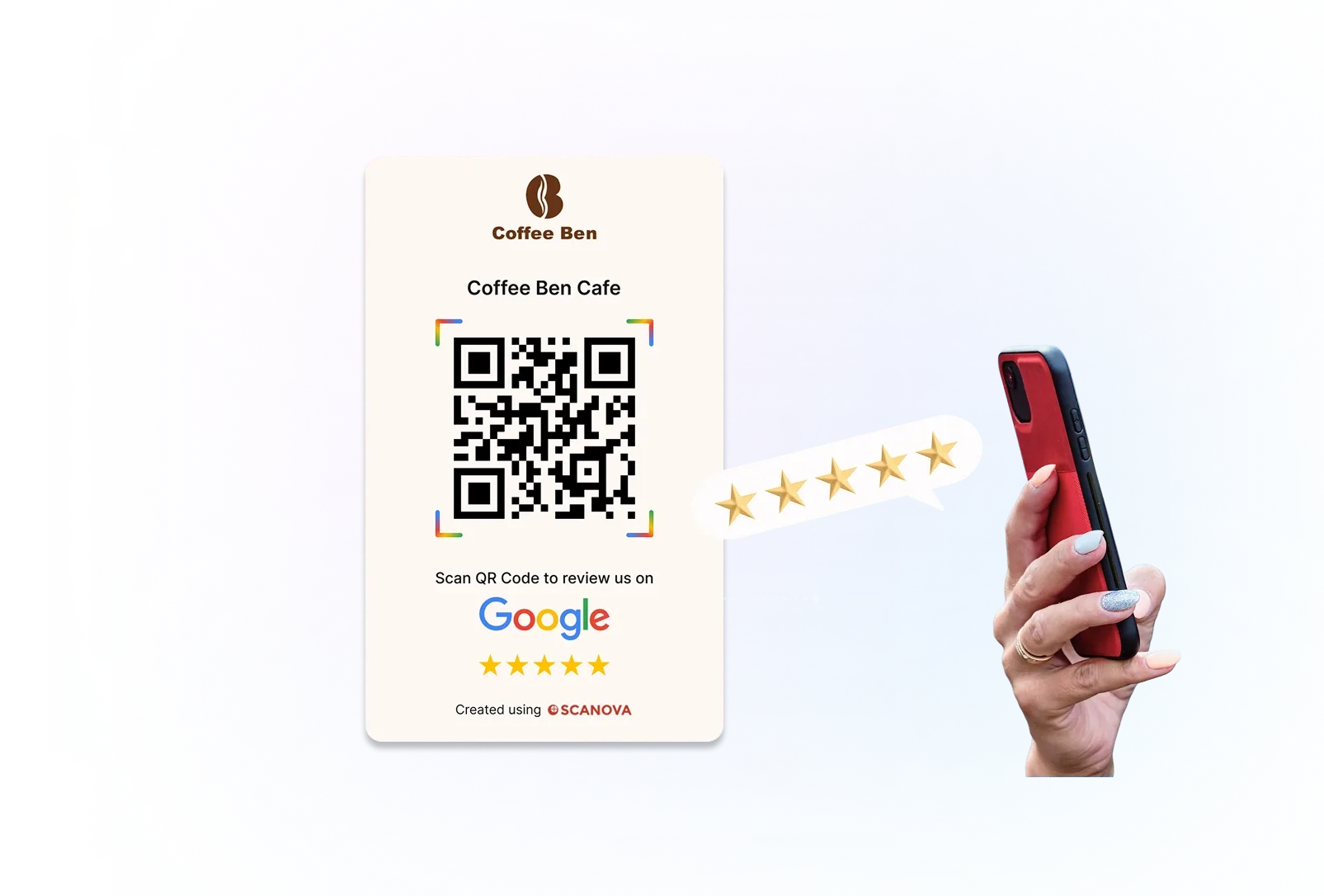 Un cliente escanea una tarjeta con código QR de Google Reviews (personalizada con la marca) para dejar una valoración de 5 estrellas en Google.