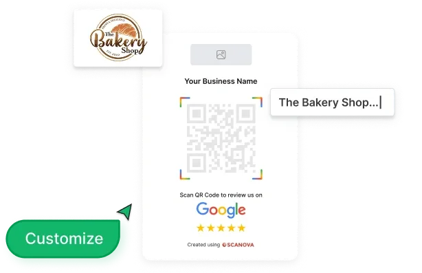 Usuario personalizando la tarjeta con código QR para reseñas de Google mediante la carga del logotipo de la empresa y la vista previa del diseño.