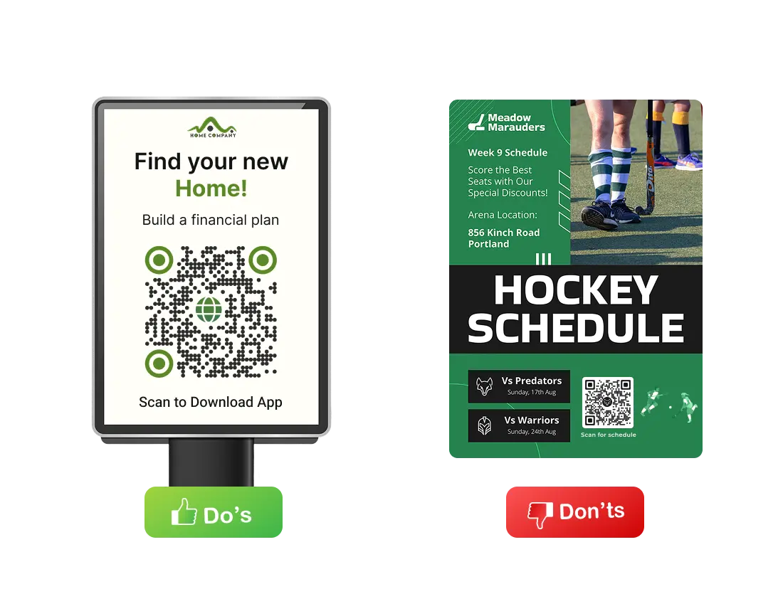 An accessible, enlarged QR Code on a billboard vs an inaccessible, small QR Code at the bottom of a print material