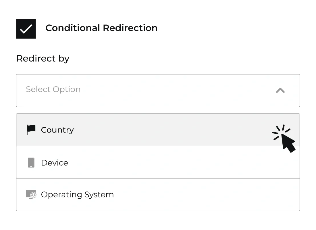 Configuración de redirección condicional de Scanova para códigos QR dinámicos, con opciones según país, dispositivo y sistema operativo.