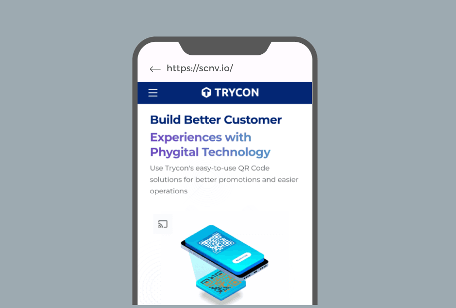 Smartphone screen displaying Trycon's website after scanning a website URL QR code made with a QR code builder.