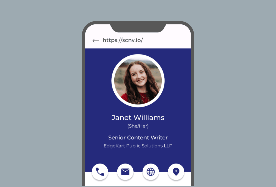 Mobile screen showing a woman's digital business card with detailed information after scanning a business card QR code.