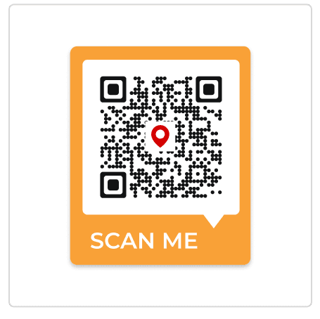 Example of an attractive orange 'Scan Me' QR Code frame template for a Google maps QR code generated by Scanova.