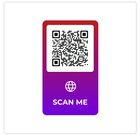 Example of a QR code with a colorful ‘SCAN ME’ frame and globe icon on a vibrant purple frame.