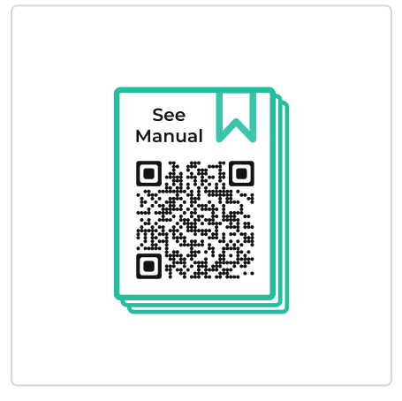 Example of a stylized QR code design with ‘See Manual’ text and book icon in a decorative frame made with Scanova.