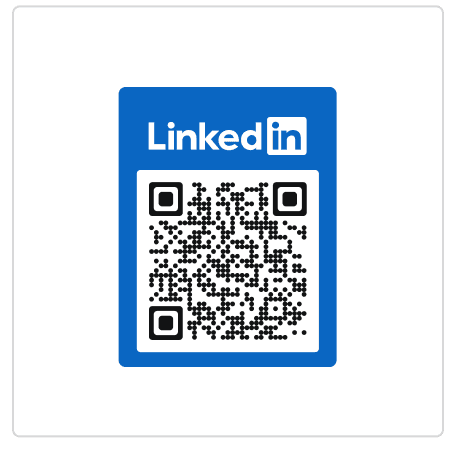 Example of a bold blue QR code frame for LinkedIn-themed QR code with linkedIn logo at the top.