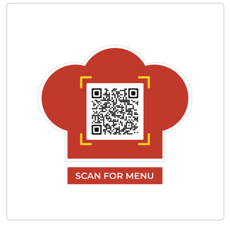 Example of a QR code with a red chef hat-shaped ‘SCAN ME’ QR code frame and yellow corner accents, generated with Scanova.