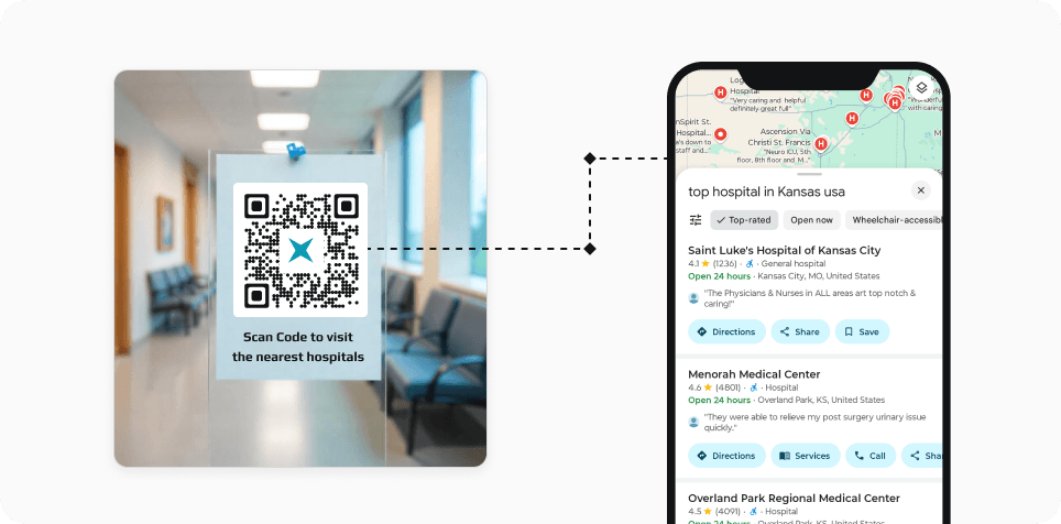 Person scanning a Google Maps QR know the direction of the nearest hospital