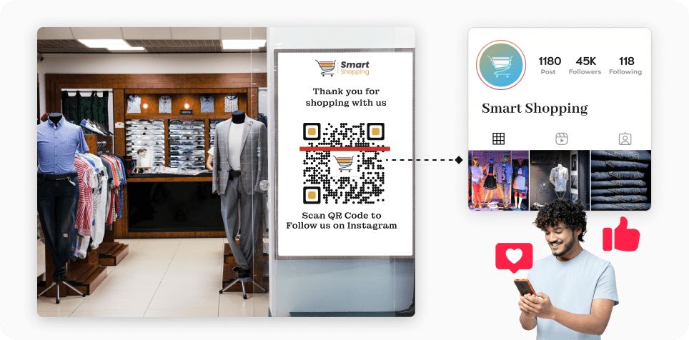 Customer scanning a Social Media QR Code placed outside the store to follow the brand on social media