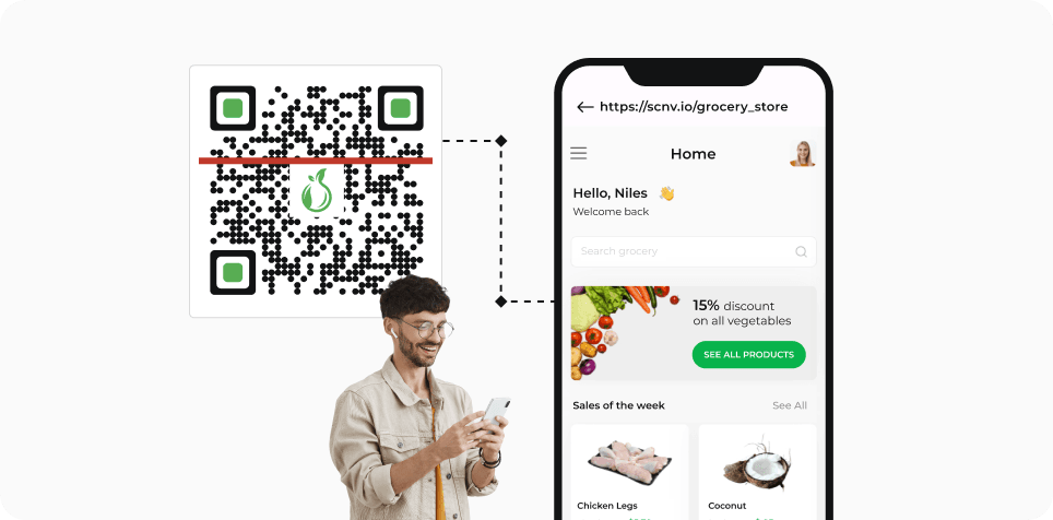 Customer scanning a customized, high-resolution QR Code to access promotional offers
