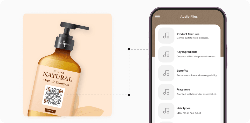 Audio QR Code on the product packaging to provide detailed information about the product