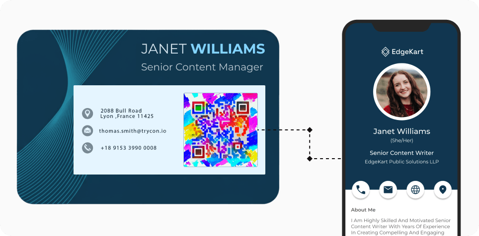 Professional scanning an AI-generated QR Code on a business card to know more and add to contacts